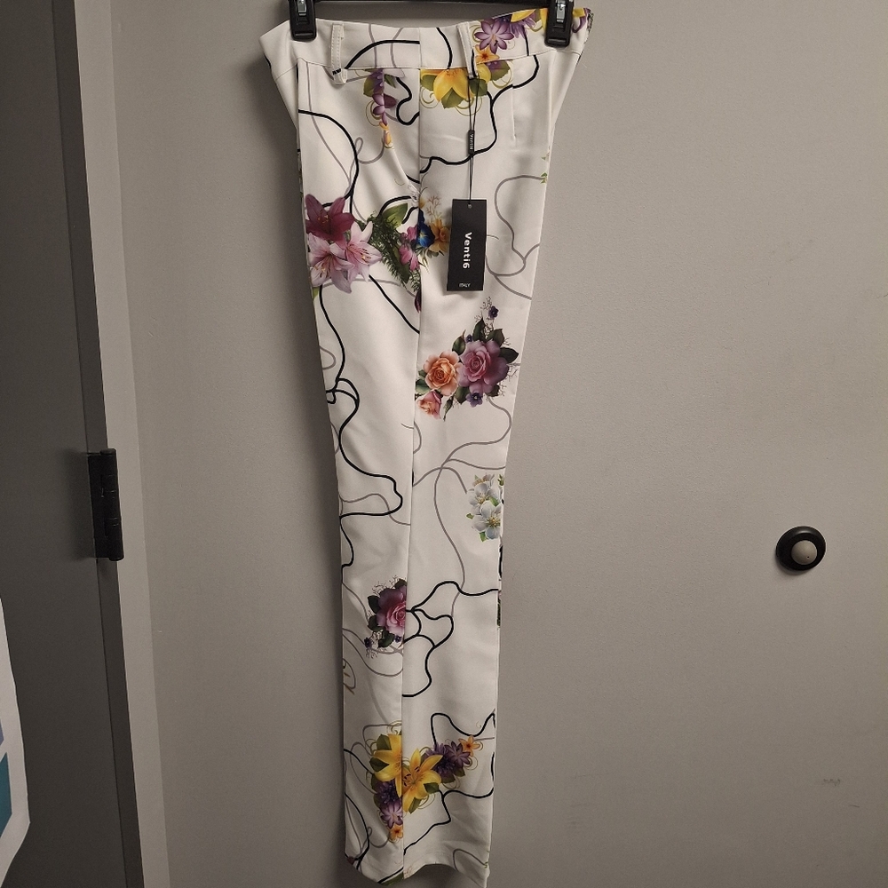 Floral Print White Slim Pants with Multicolor Blooms